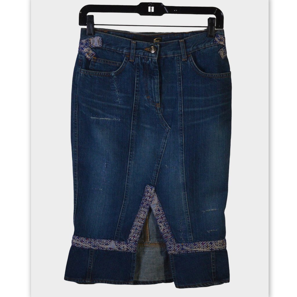 Roberto Cavalli Denim Jeans Embroidered Ribbon Skirt Size 40
